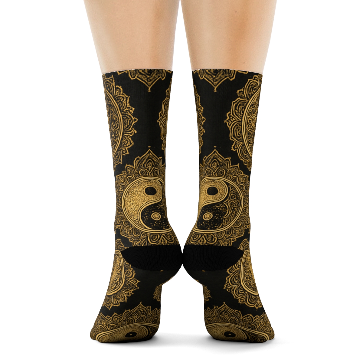 Gold Filigree Duality Mandala Tiles On Black custom crew socksGold Filigree Duality Mandala Tiles on Black Crew Socks - Image 4