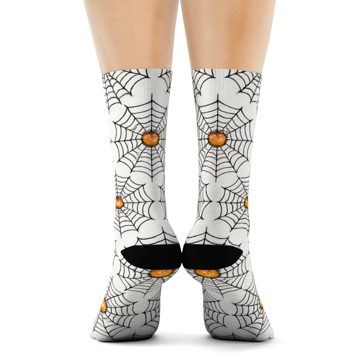 Spider Web Rings With Pumpkin Centers On White Background premium sports crew socks