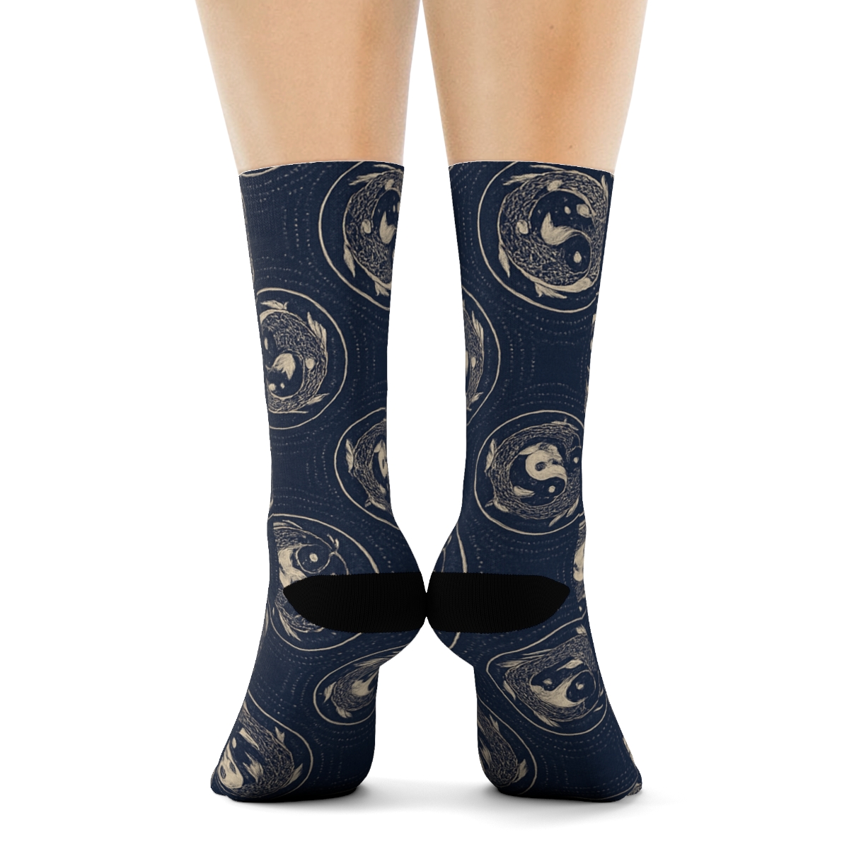 Dual Koi Circle Progression On Deep Indigo premium sports crew socks