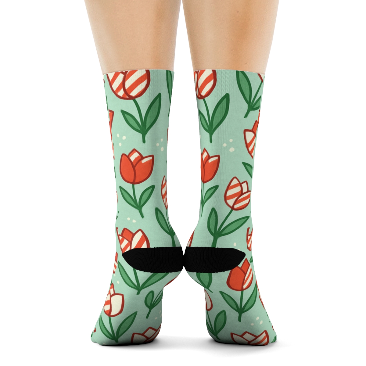 Candy Cane Tulip Scatter On Frosted Mint custom crew socks
