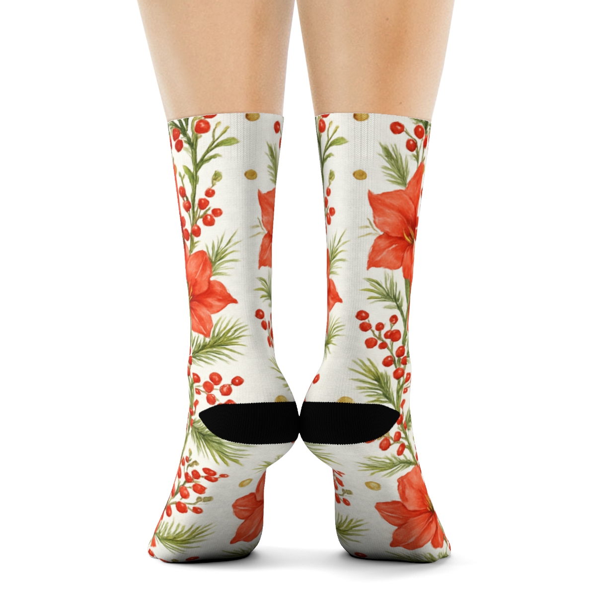 Watercolor Amaryllis And Pine Garland Stripe Repeat On Snow White Background stylish athletic crew socks