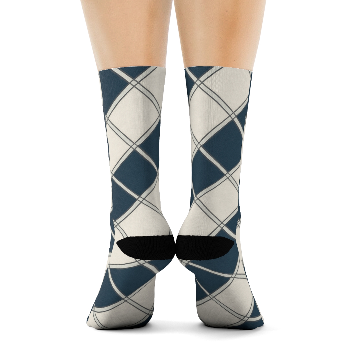 Navy And Ivory Diagonal Diamond Check With Micro Herringbone Inserts soft everyday crew socks