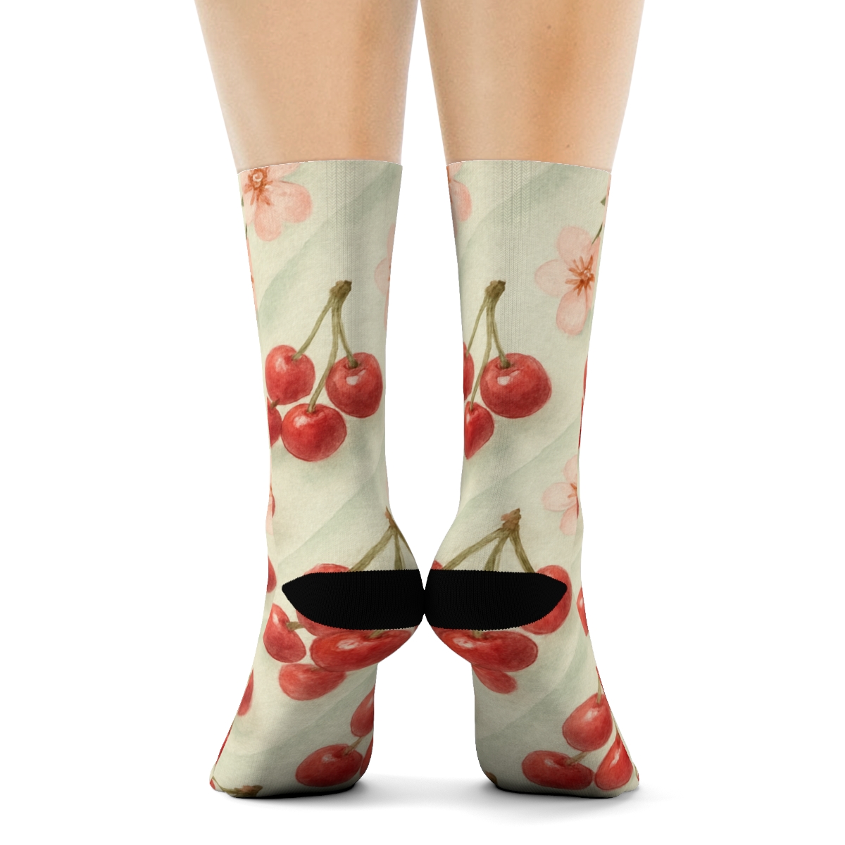 Diagonal Cherry Cluster Bands On Mint designer printed crew socks
