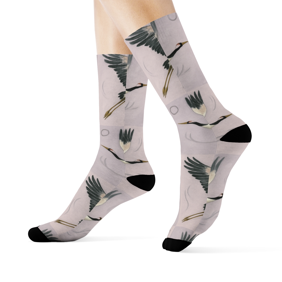 Crane Flight Mirror Tiles On Pale Lavender Background premium sports crew socks