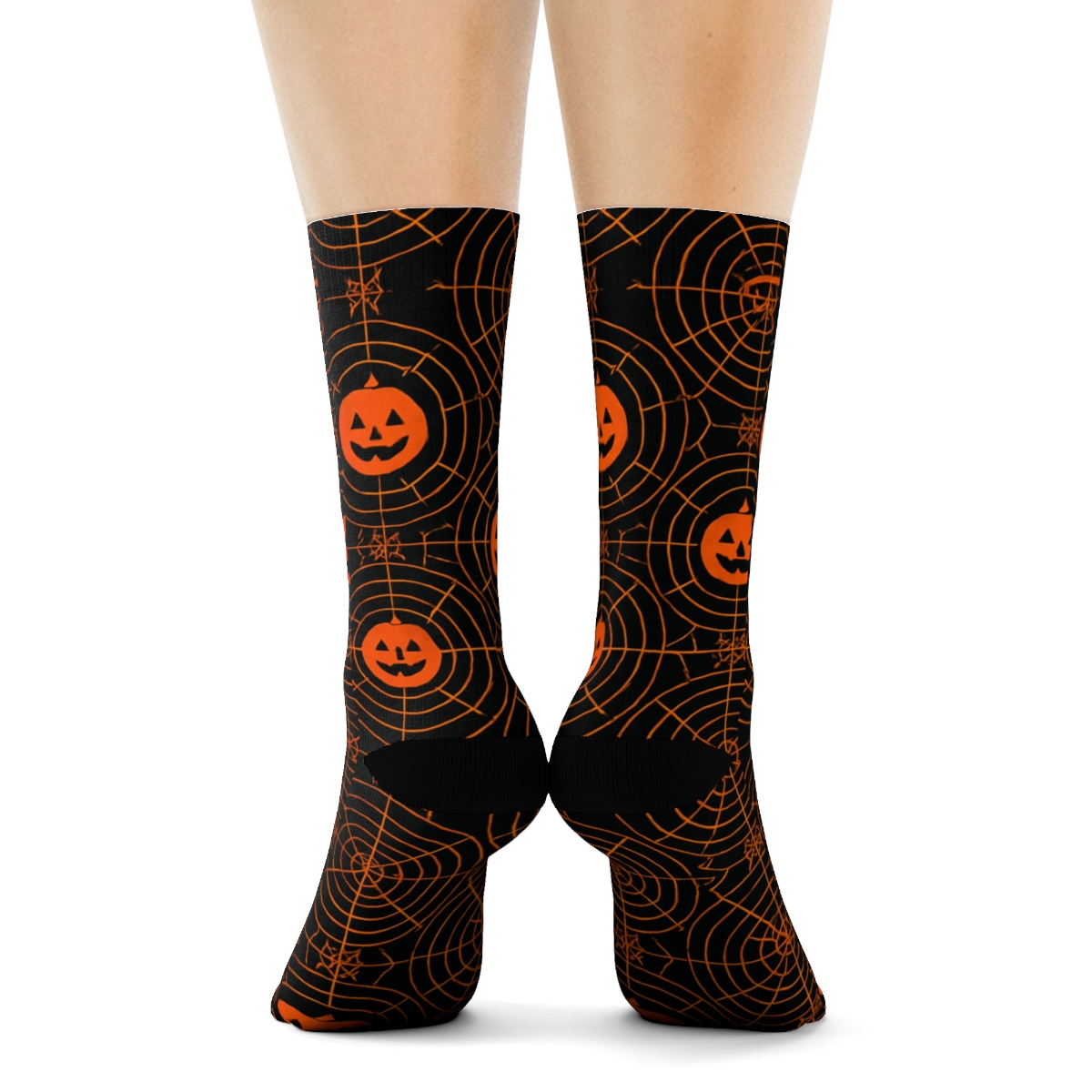 Spider Web Medallion Overlay With Pumpkin Centers On Black Background personalized crew socks