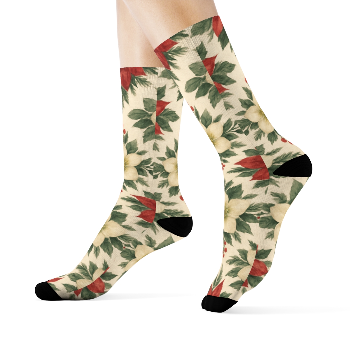 Crimson Poinsettia Lattice Garden stylish athletic crew socks