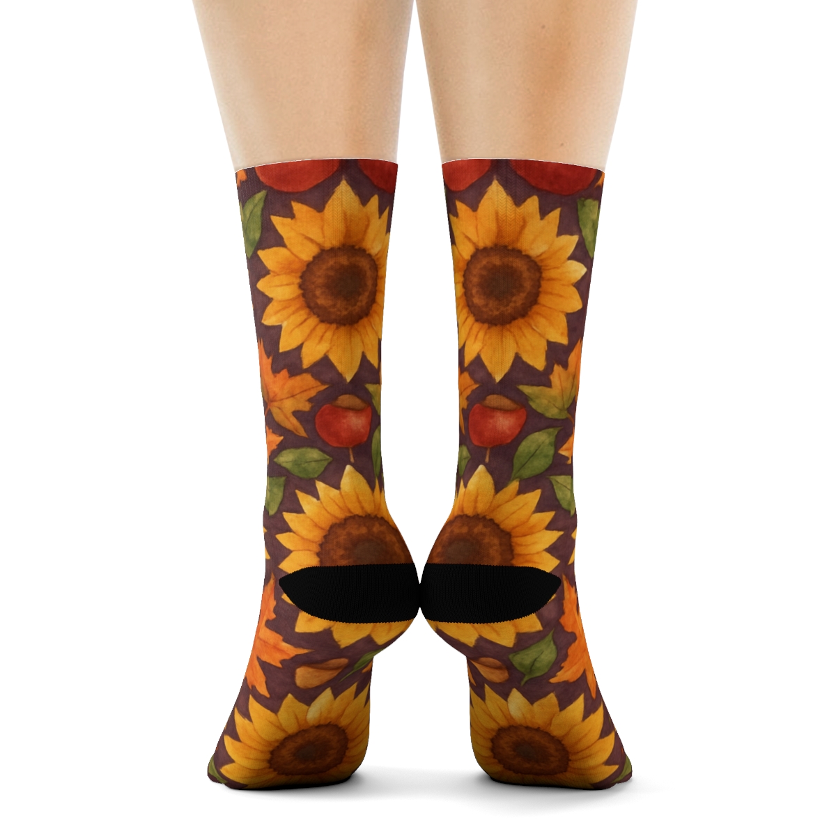 Watercolor Sunflower And Apple Lattice On Deep Plum Background unique graphic crew socks