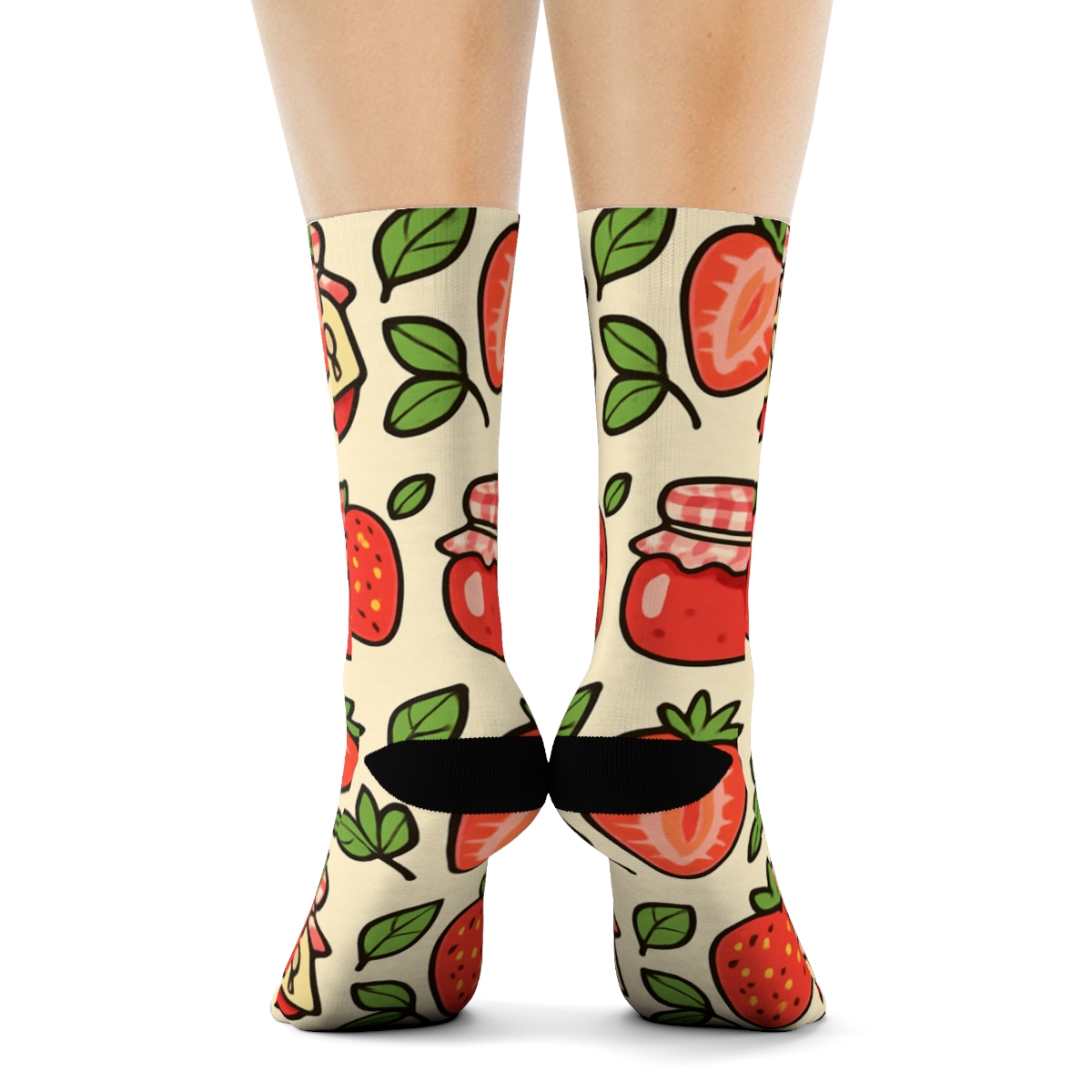 Strawberry Jam Jar Gingham Band Repeat On Cream Background comfortable cotton crew socks