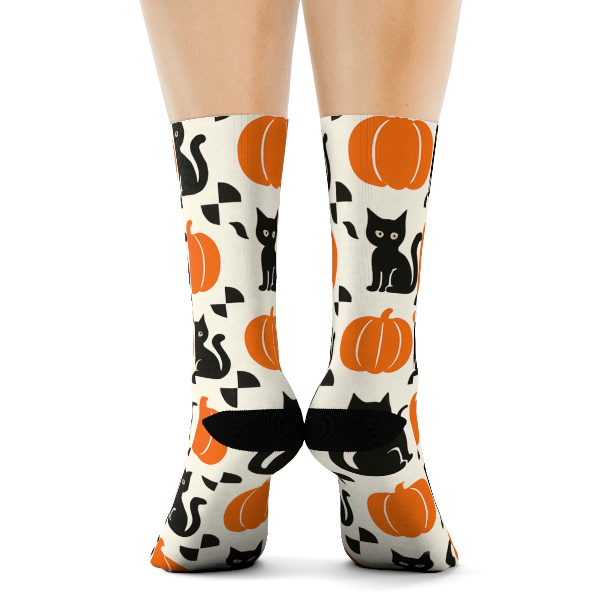 Black Cat And Pumpkin Checkerboard On White Background comfortable cotton crew socks