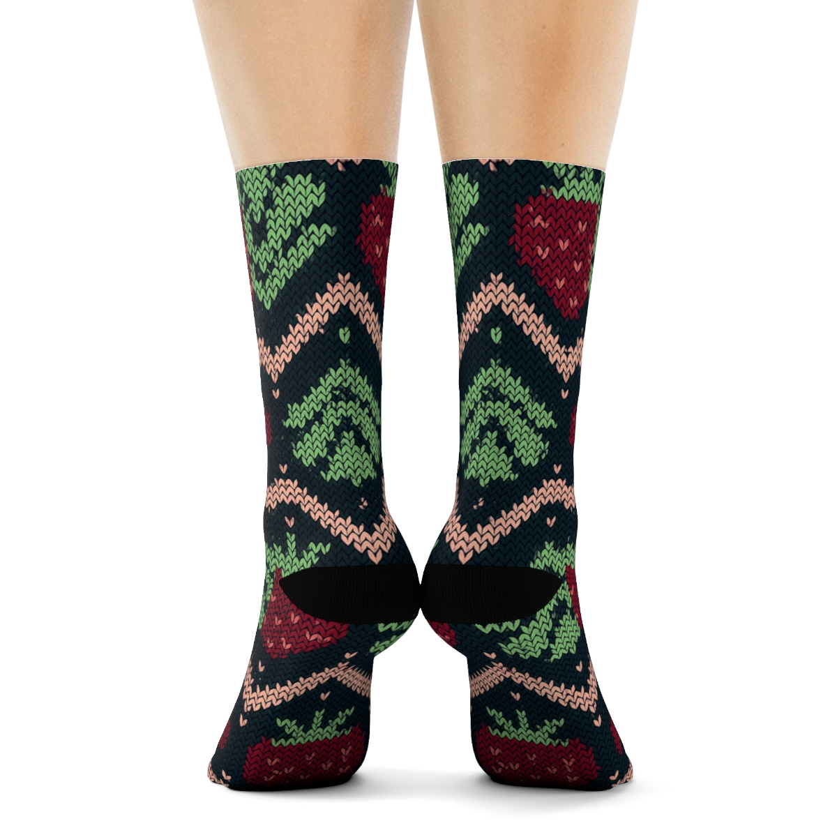 Knitted Strawberry Seed Chevron On Black Background personalized crew socks