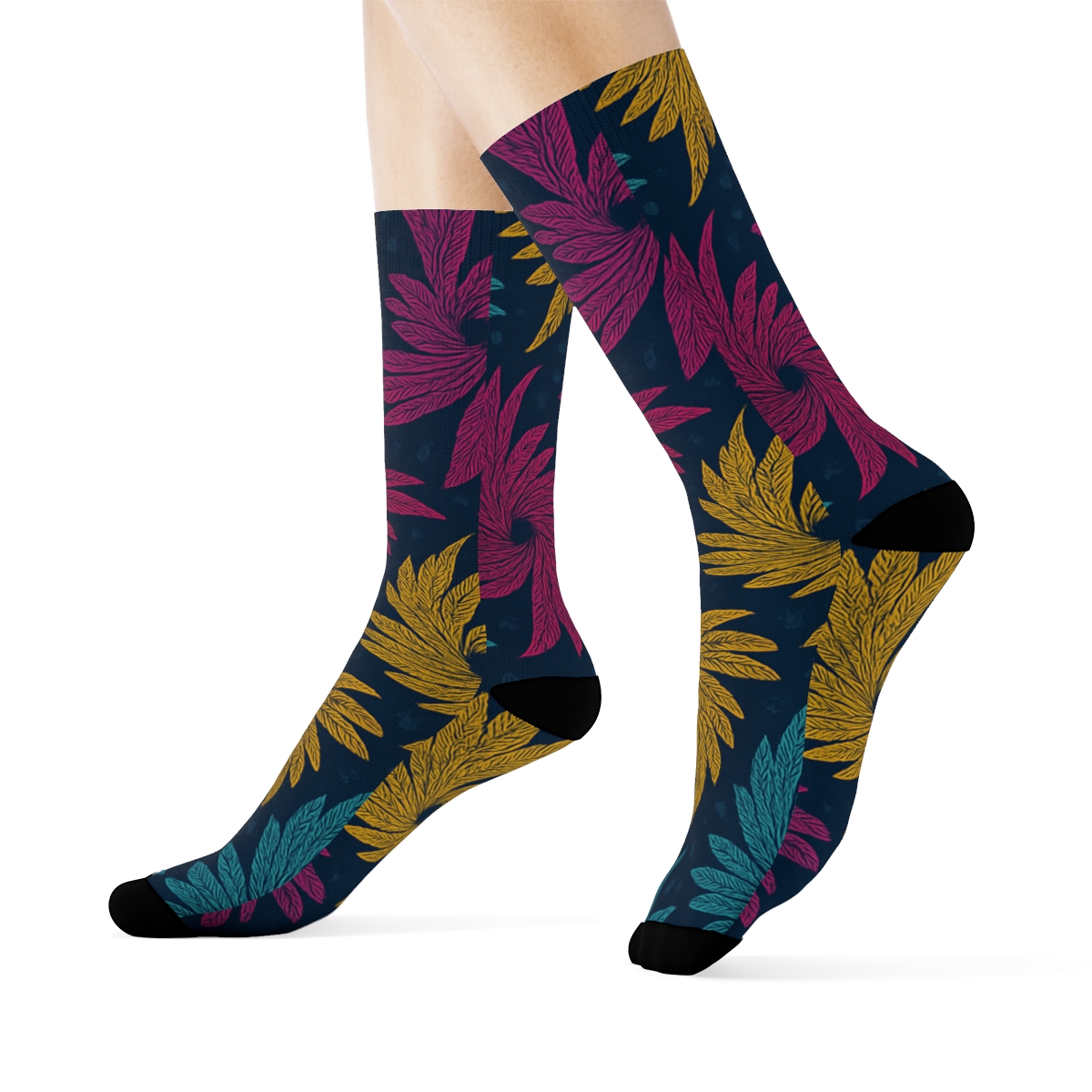 Hummingbird Wing Spiral Tiles On Midnight Blue unique graphic crew socks
