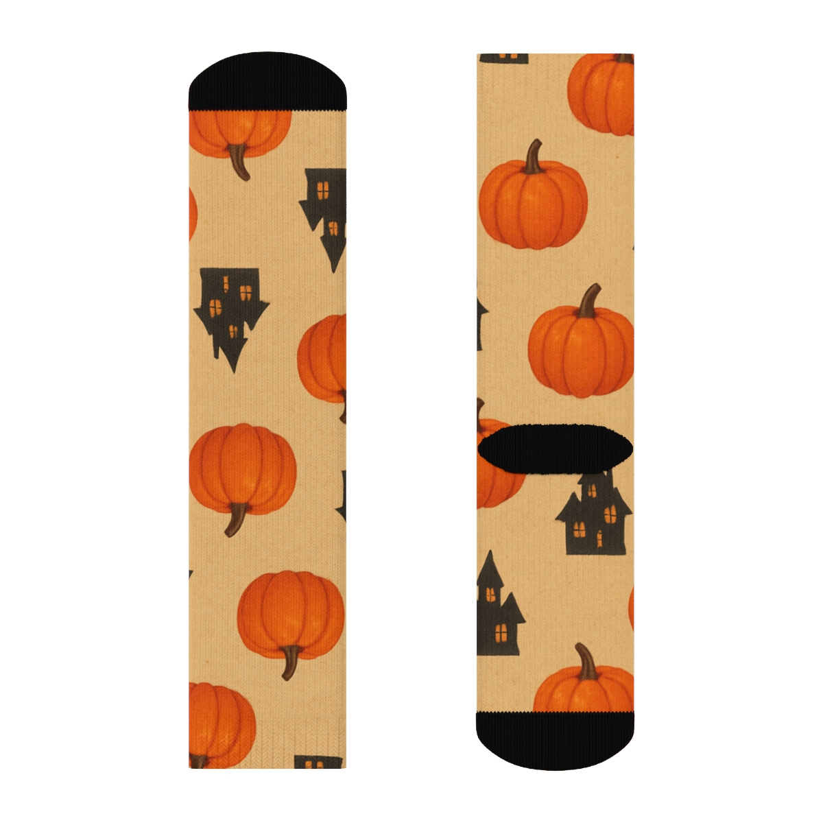 Haunted House Silhouette And Pumpkin Scatter On Proper Neutral Background comfortable cotton crew socks