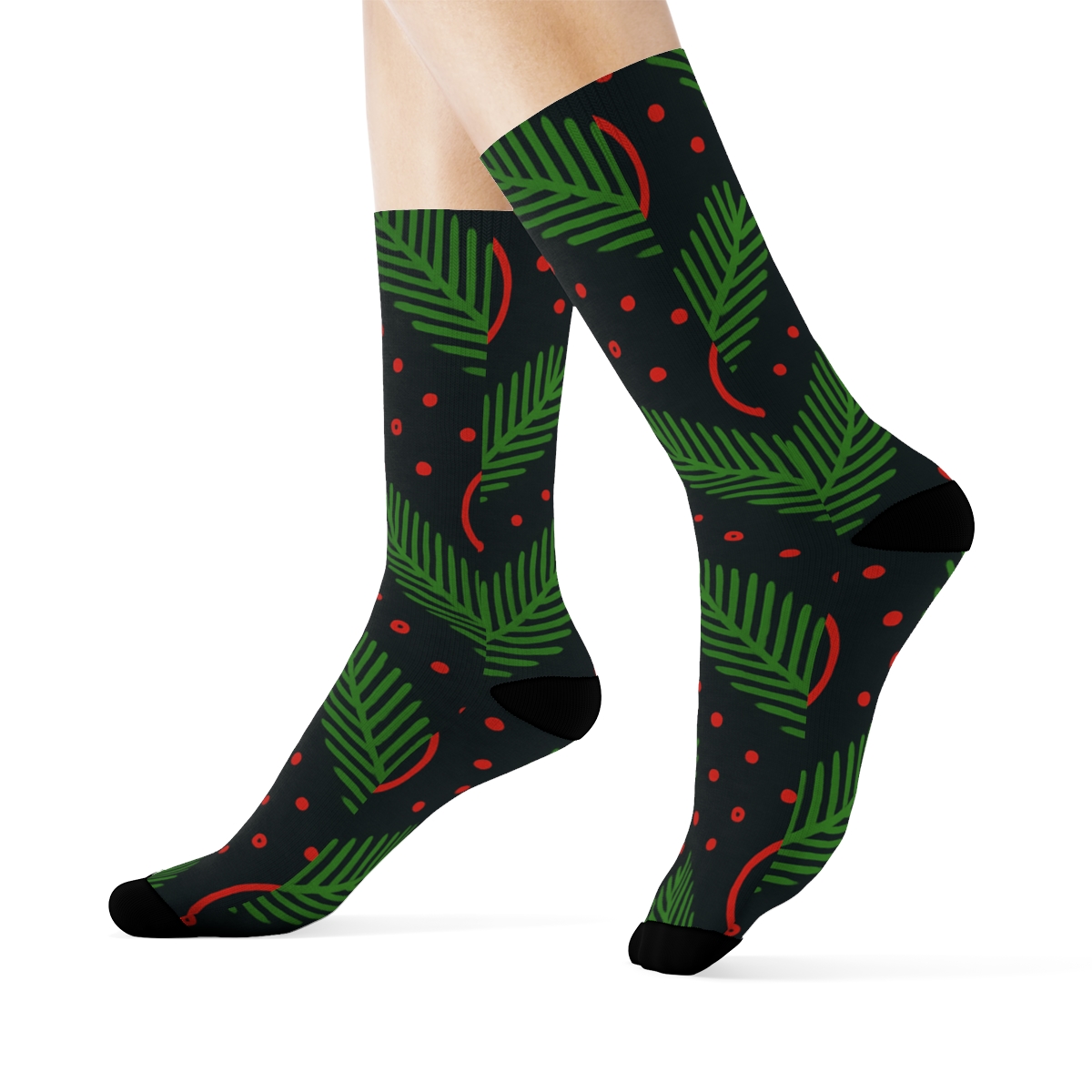 Emerald Evergreen Vine Chevron With Mistletoe Medallions On Midnight Charcoal Background custom crew socks