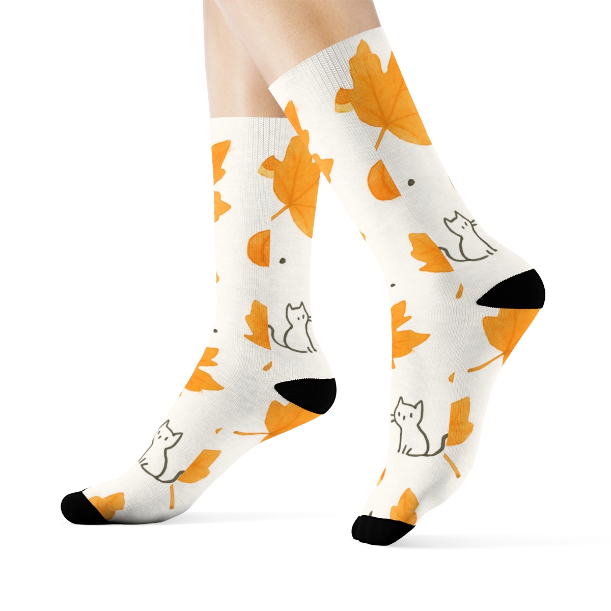 Autumn Leaf Scatter With Mini Pumpkins On White Background unique graphic crew socks