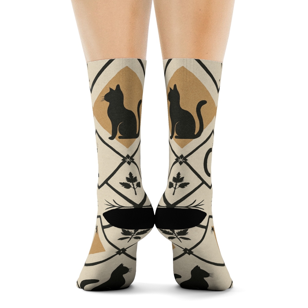 Vintage Poster Look With Cat Silhouette Lattice comfortable cotton crew socks