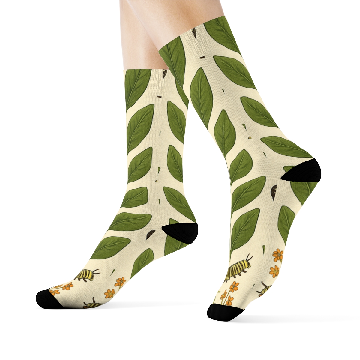 Monarch Chrysalis Stripe Parade On Warm Ivory Background trendy patterned crew socks
