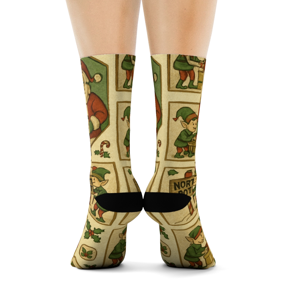 Vintage Poster Toy Workshop Pattern With Santa Claus soft everyday crew socks