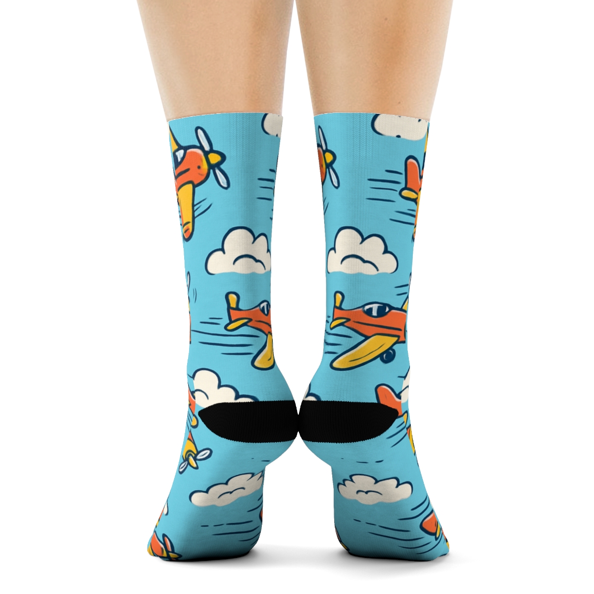 Playful Airplane Race Scatter On Sky Blue stylish athletic crew socks