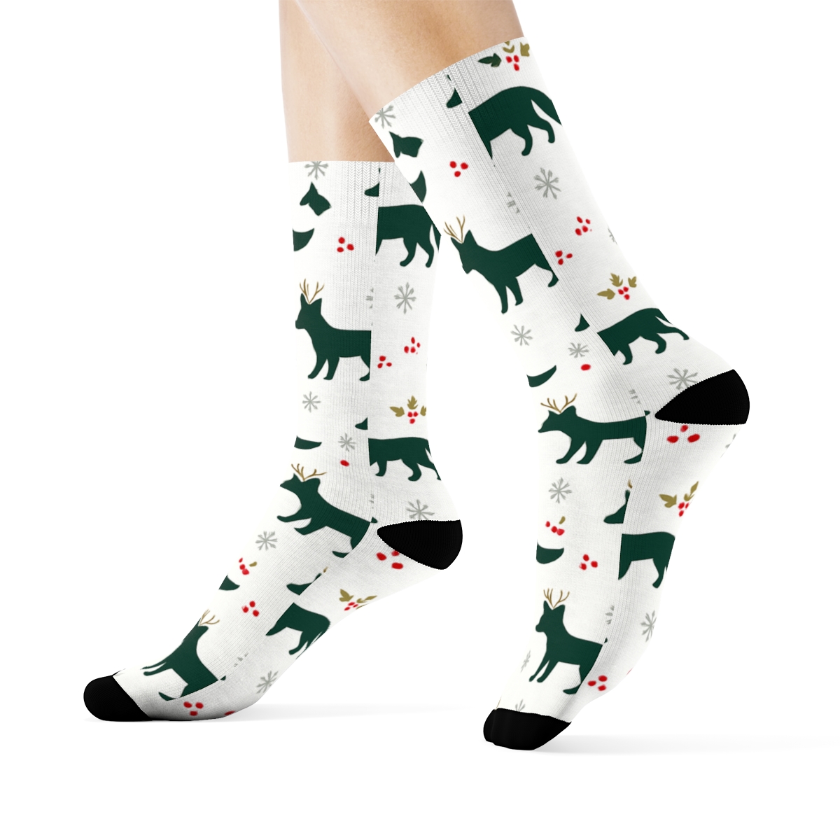 Reindeer Fox Mirrored Stripe Bands On White Background trendy patterned crew socks