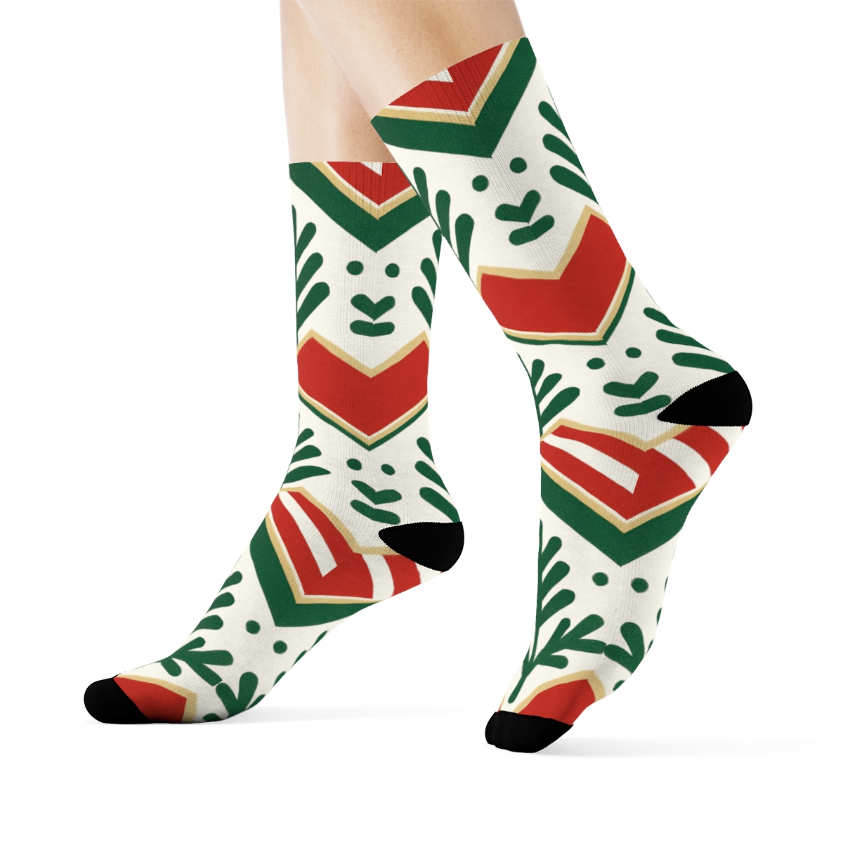 Evergreen Chevron With Candy Cane Accent On White comfortable cotton crew socks
