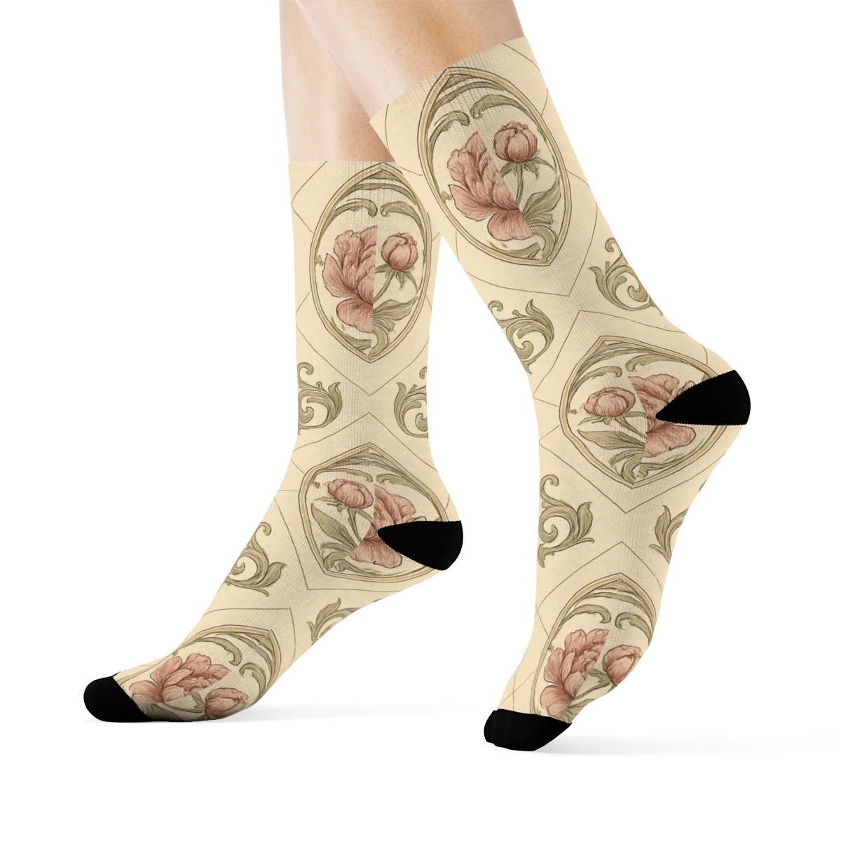 Vintage Peony Medallion Lattice On Warm Ivory Background stylish athletic crew socks