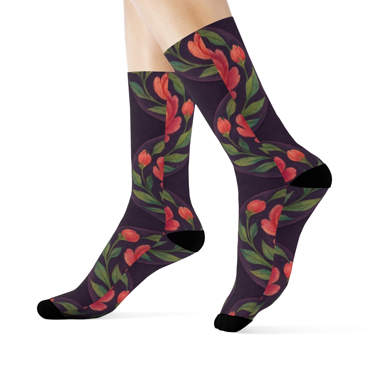Sunset Peony Medallion Tiles On Deep Plum Background stylish athletic crew socks