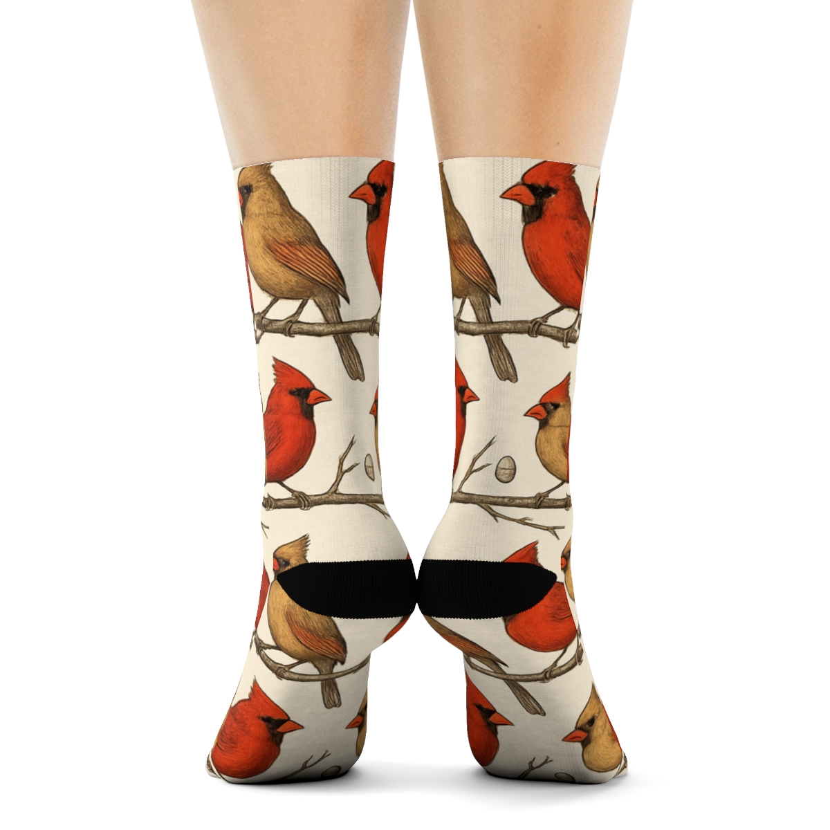 Scarlet Cardinal Branch Bands On Winter White custom crew socks