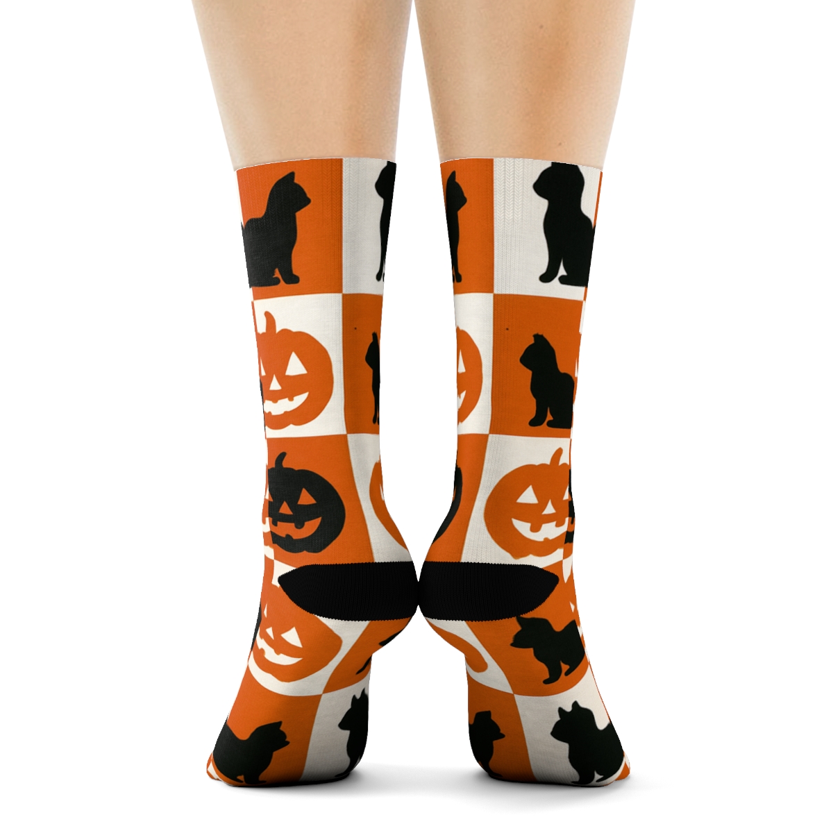 Black Cat And Pumpkin Checkerboard On White Background unique graphic crew socks