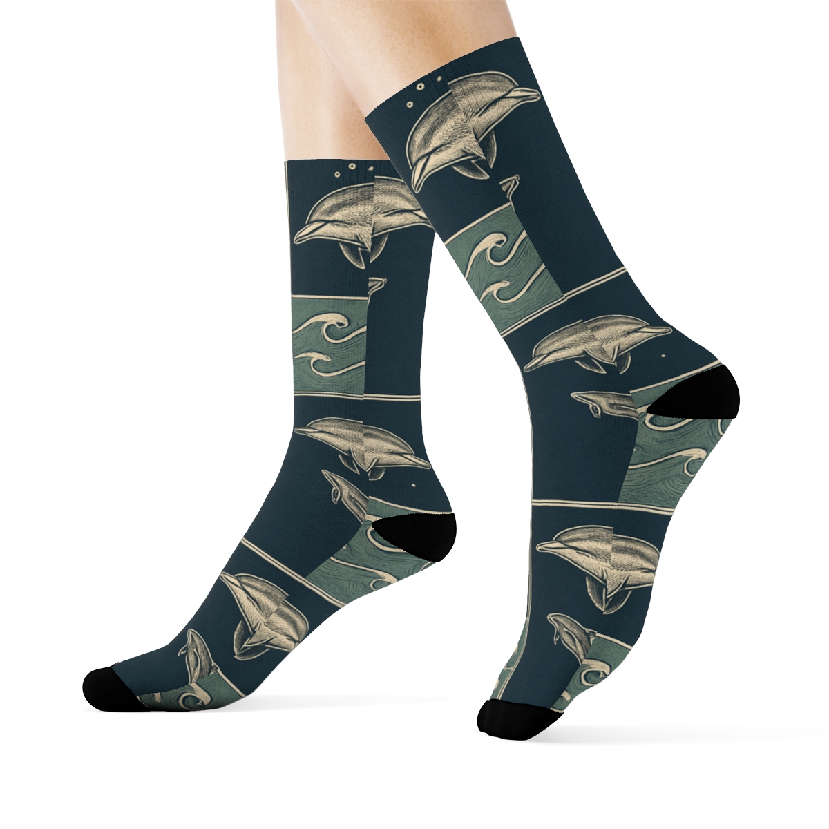 Nautical Grid Dolphin Vintage Poster Pattern soft everyday crew socks