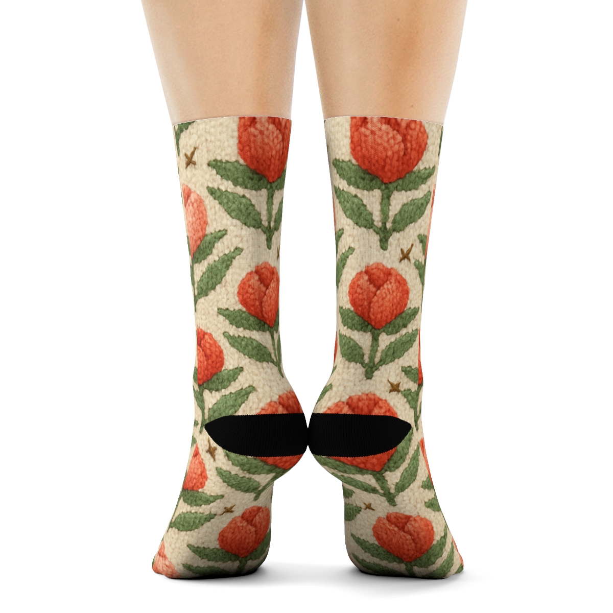 Knitted Illusion Valentines Rosebud Chevron On Cream Field designer printed crew socks