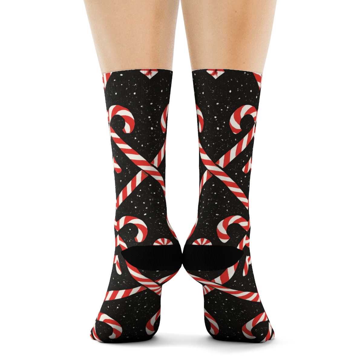 Candy Canes Winter Lattice On Midnight Black premium sports crew socks