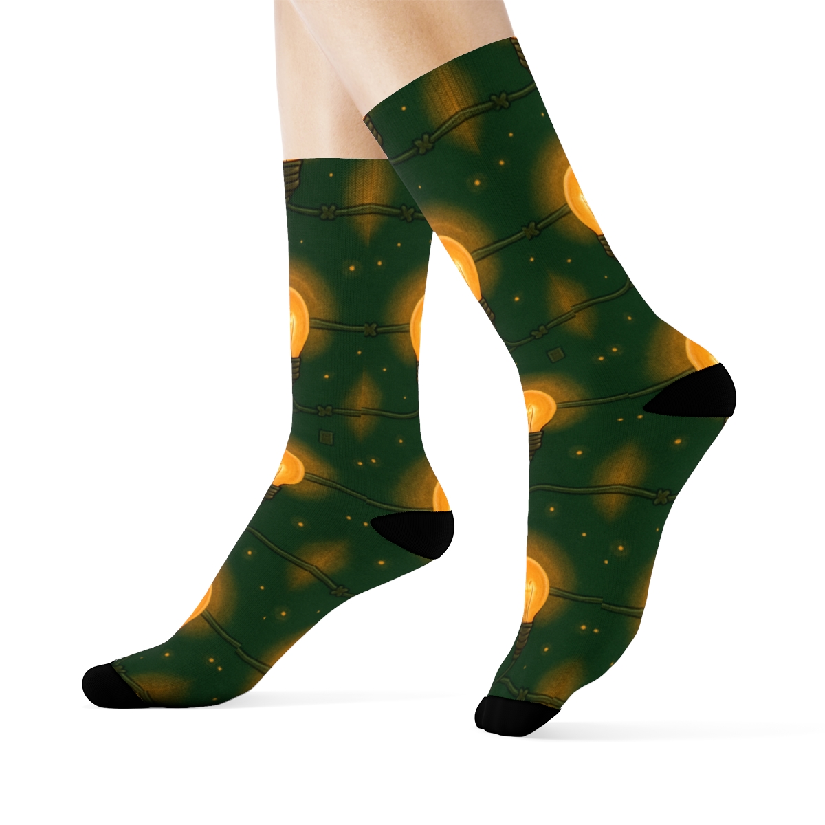 Warm Amber Bulb Chain On Deep Evergreen stylish athletic crew socks