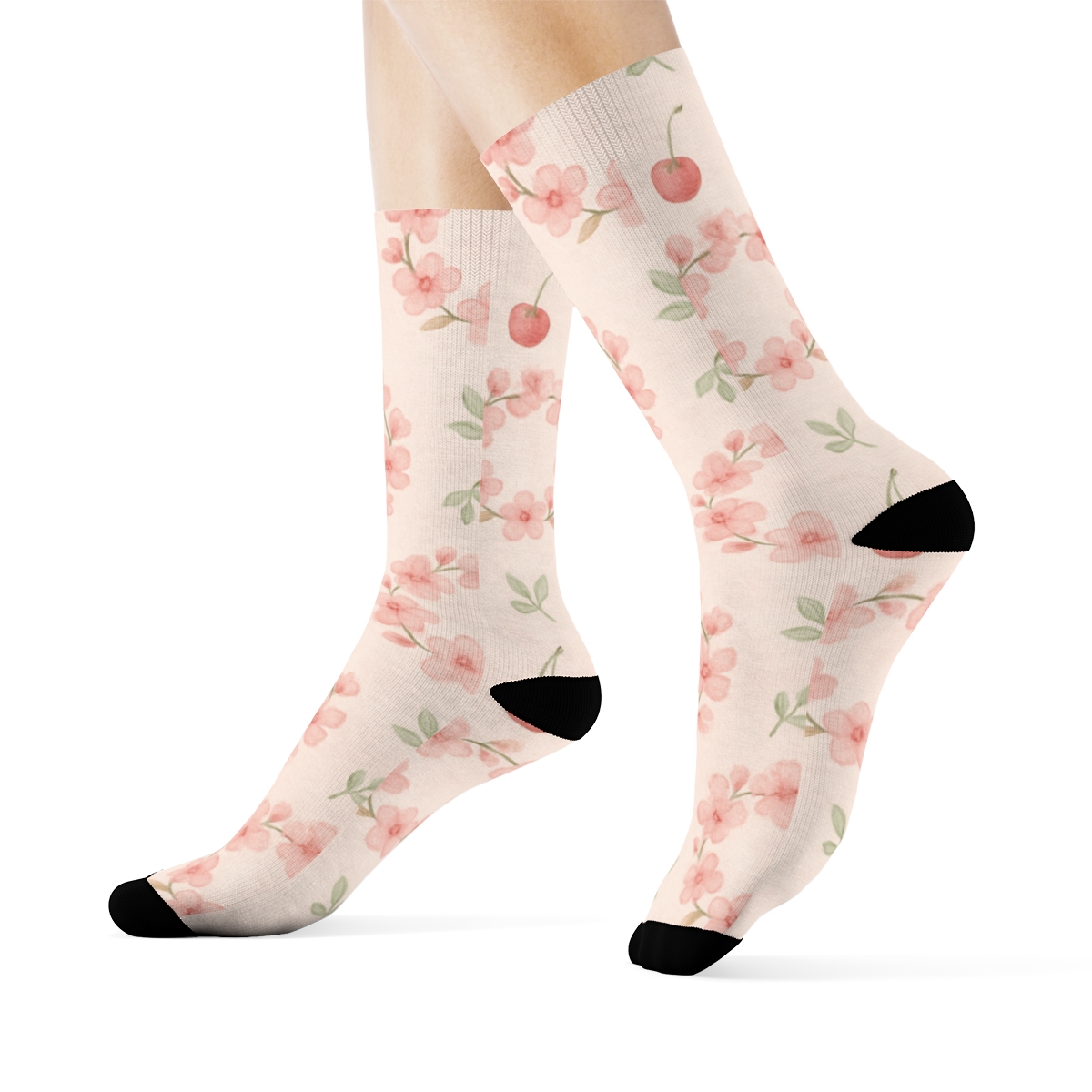Watercolor Cherry Blossom Wreath Repeat On Pale Pink unique graphic crew socks