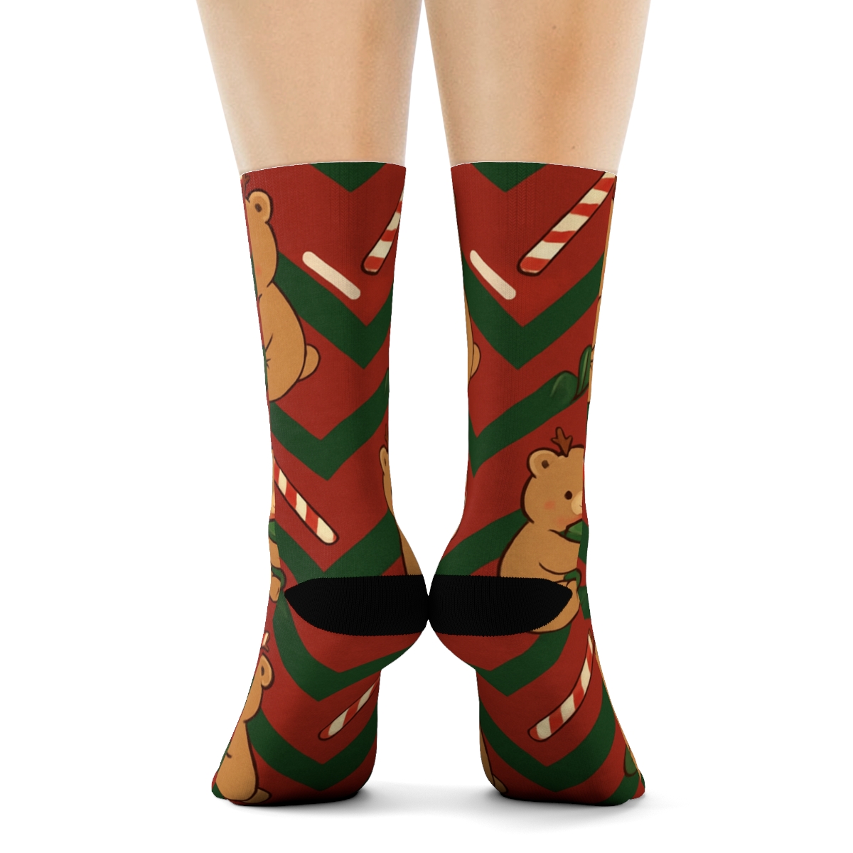 Reindeer Bear Gift Wrap Chevron On Red Background trendy patterned crew socksReindeer Bear Gift Wrap Chevron on Red Background Crew Socks - Image 4