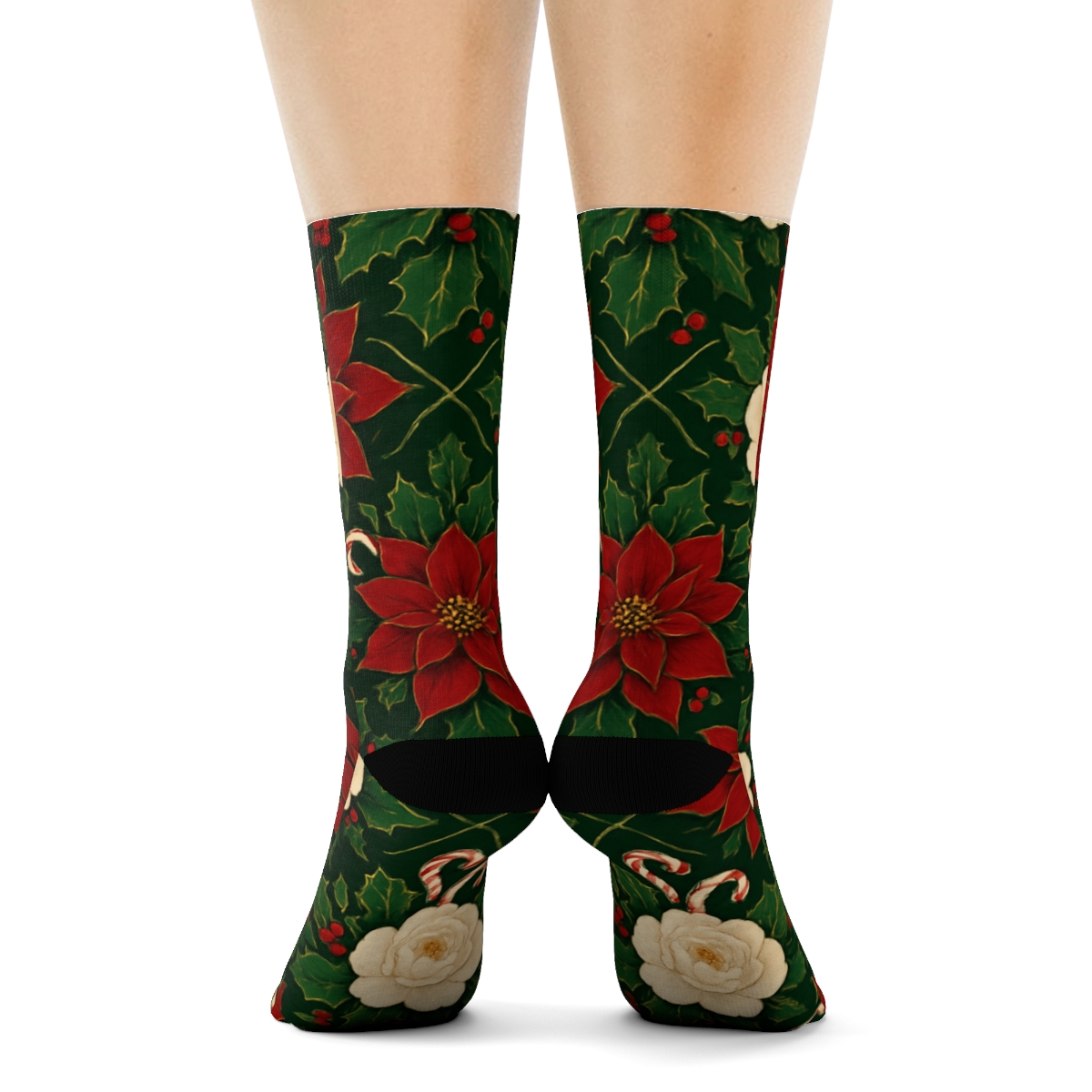 Poinsettia Peony Candy Cane Lattice On Forest Green Background soft everyday crew socks