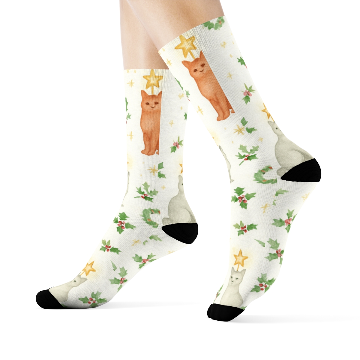 Watercolor Star Topper Cats Constellation On White stylish athletic crew socks