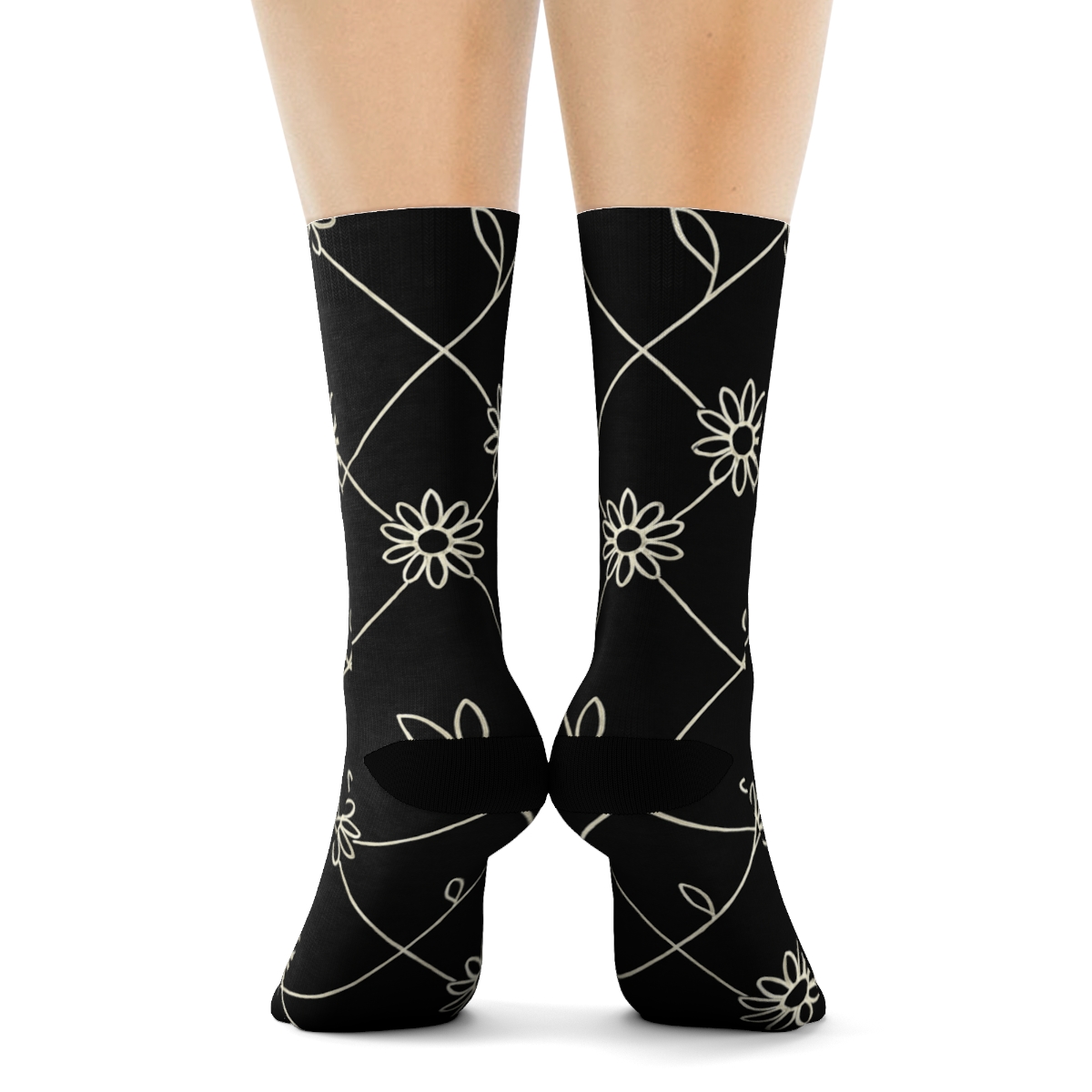 Ivory Daisy Linework Lattice On Black Background comfortable cotton crew socks