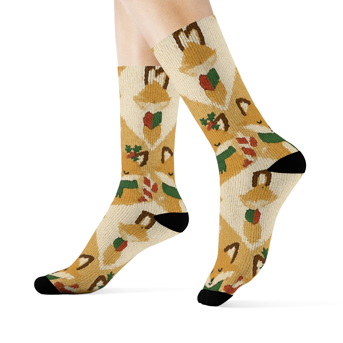 Holly Scarf Foxes Diamond Knit On Cream Background trendy patterned crew socks