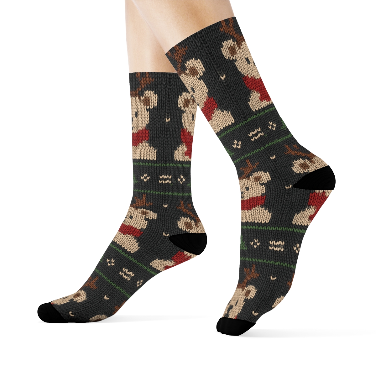 Knitted Reindeer Bear Fair Isle Repeat On Charcoal Background comfortable cotton crew socks