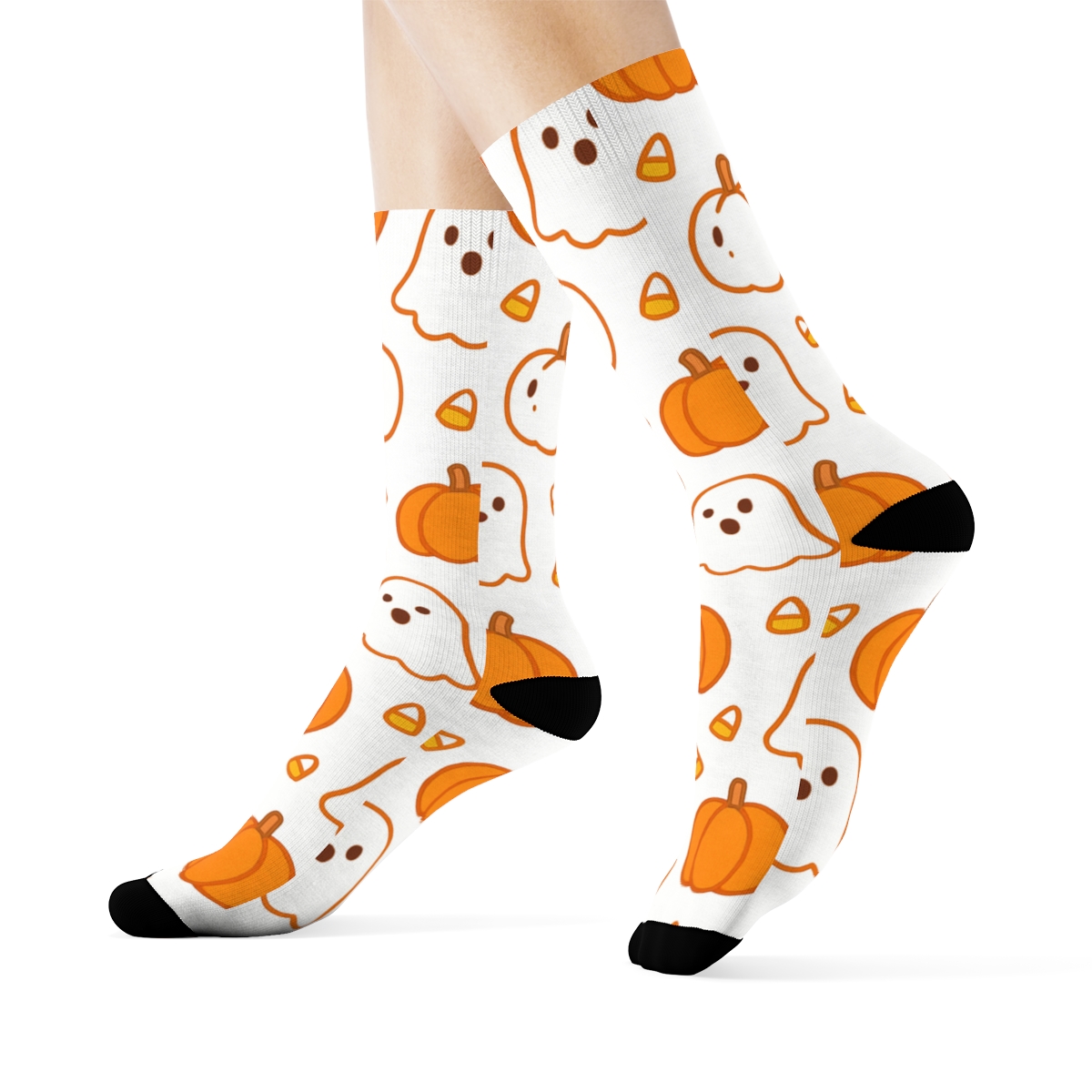 Ghost And Pumpkin Polka Tile On White Background soft everyday crew socks