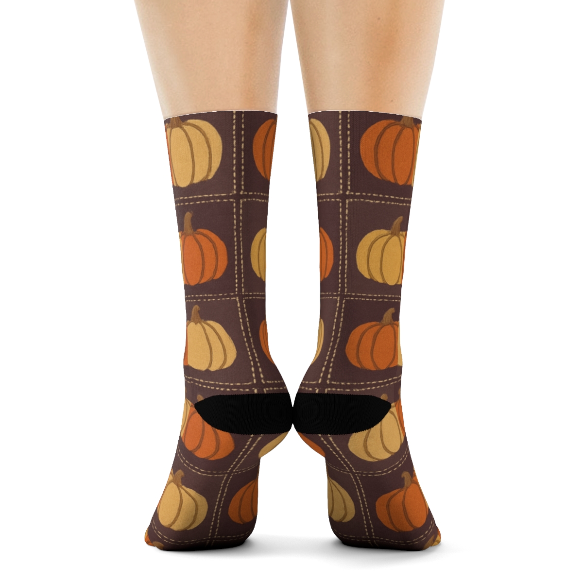 Patchwork Pumpkin Quilt Grid On Deep Plum comfortable cotton crew socksPatchwork Pumpkin Quilt Grid on Deep Plum Crew Socks - Image 4