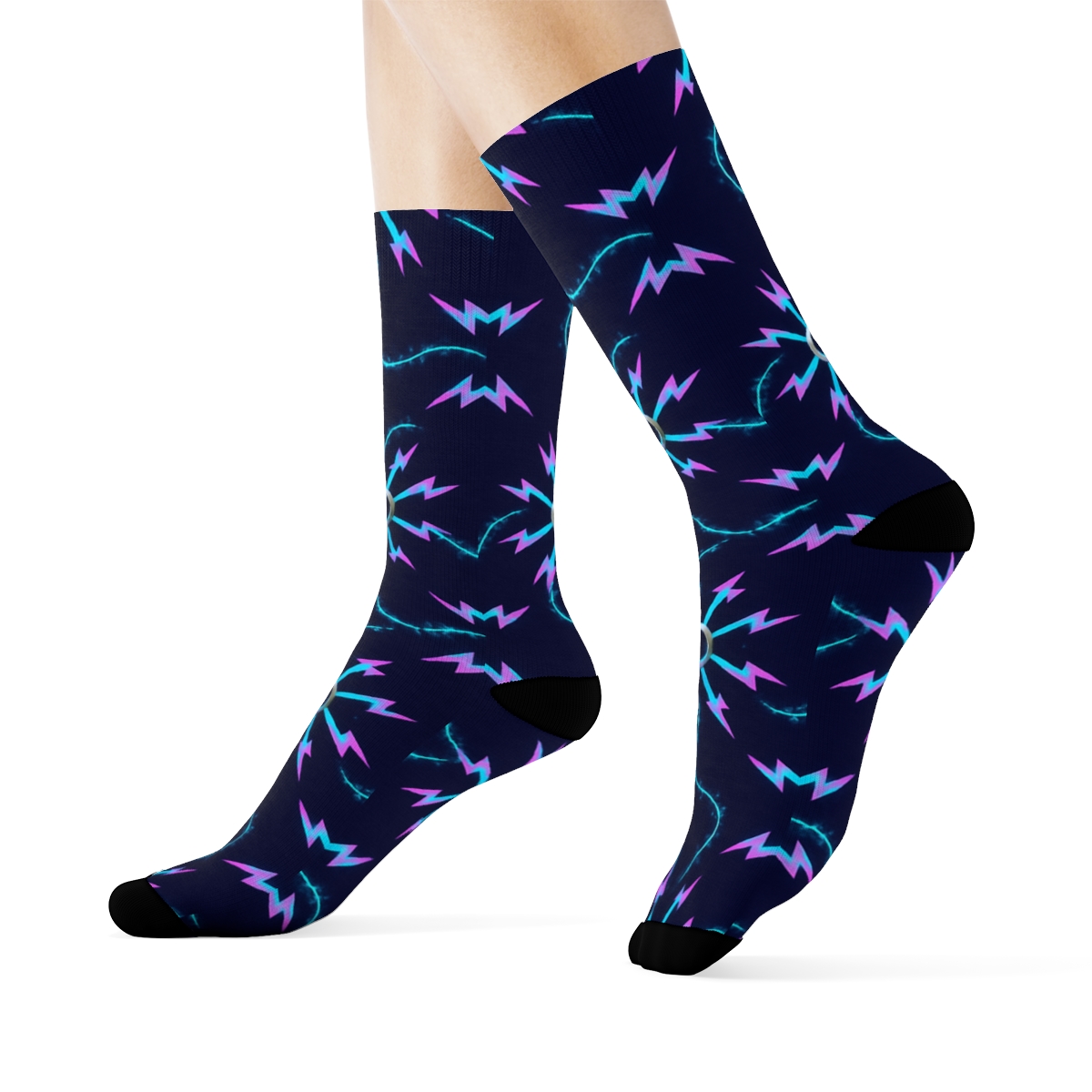 Radial Neon Arc Burst Grid On Deep Indigo Field custom crew socksRadial Neon Arc Burst Grid on Deep Indigo Field Crew Socks - Image 3