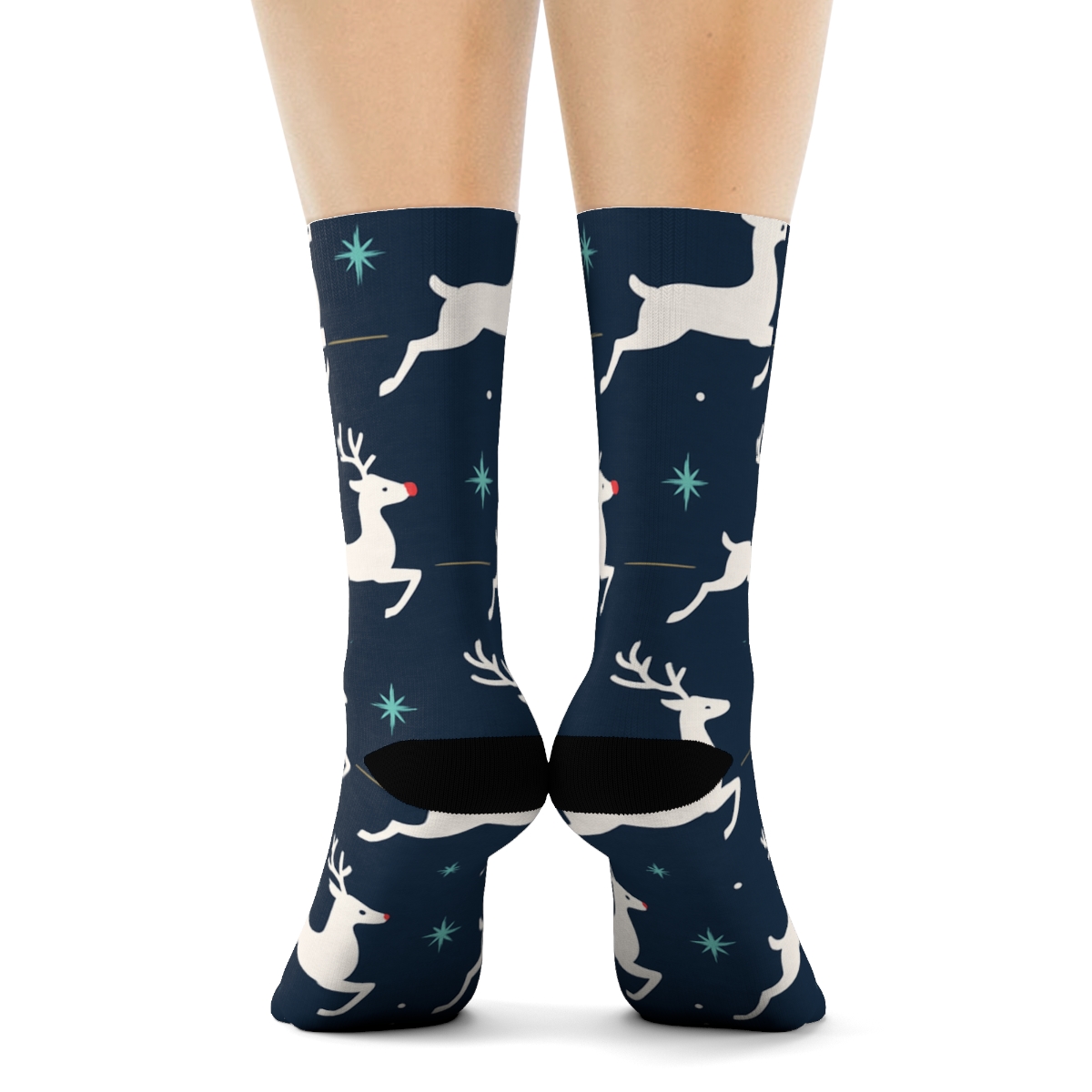 Reindeer Silhouettes In Rudolph Midnight Grid custom crew socks