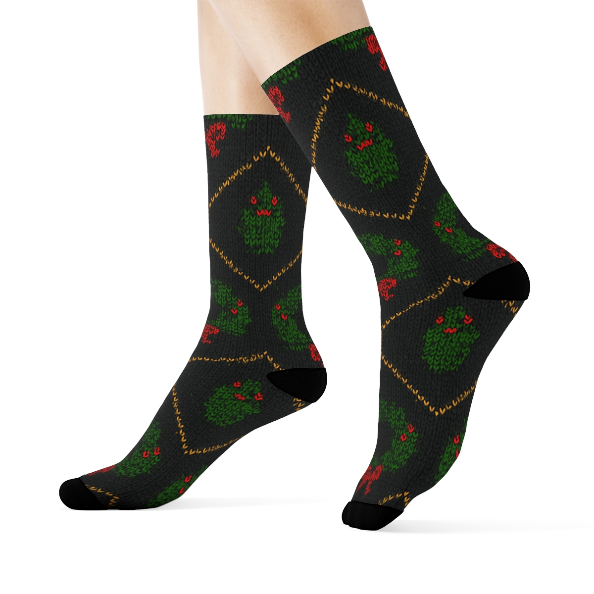 Xmas Wreath Lattice With Gold Stitch Texture personalized crew socks