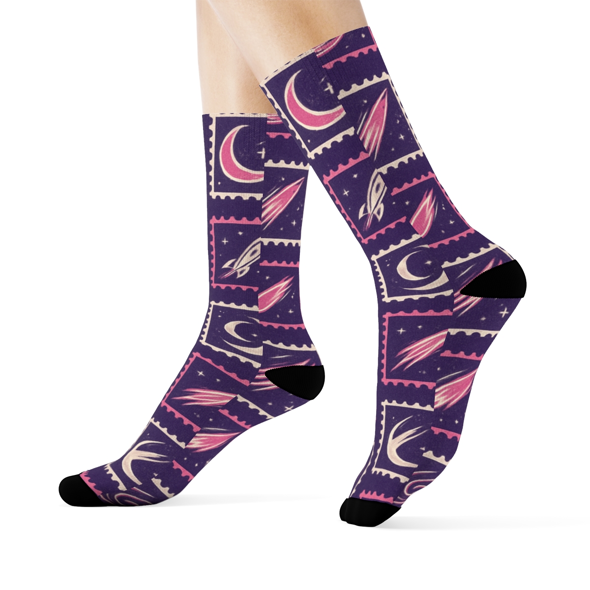 Retro Nebula Stamp Grid On Cosmic Purple Background custom crew socks