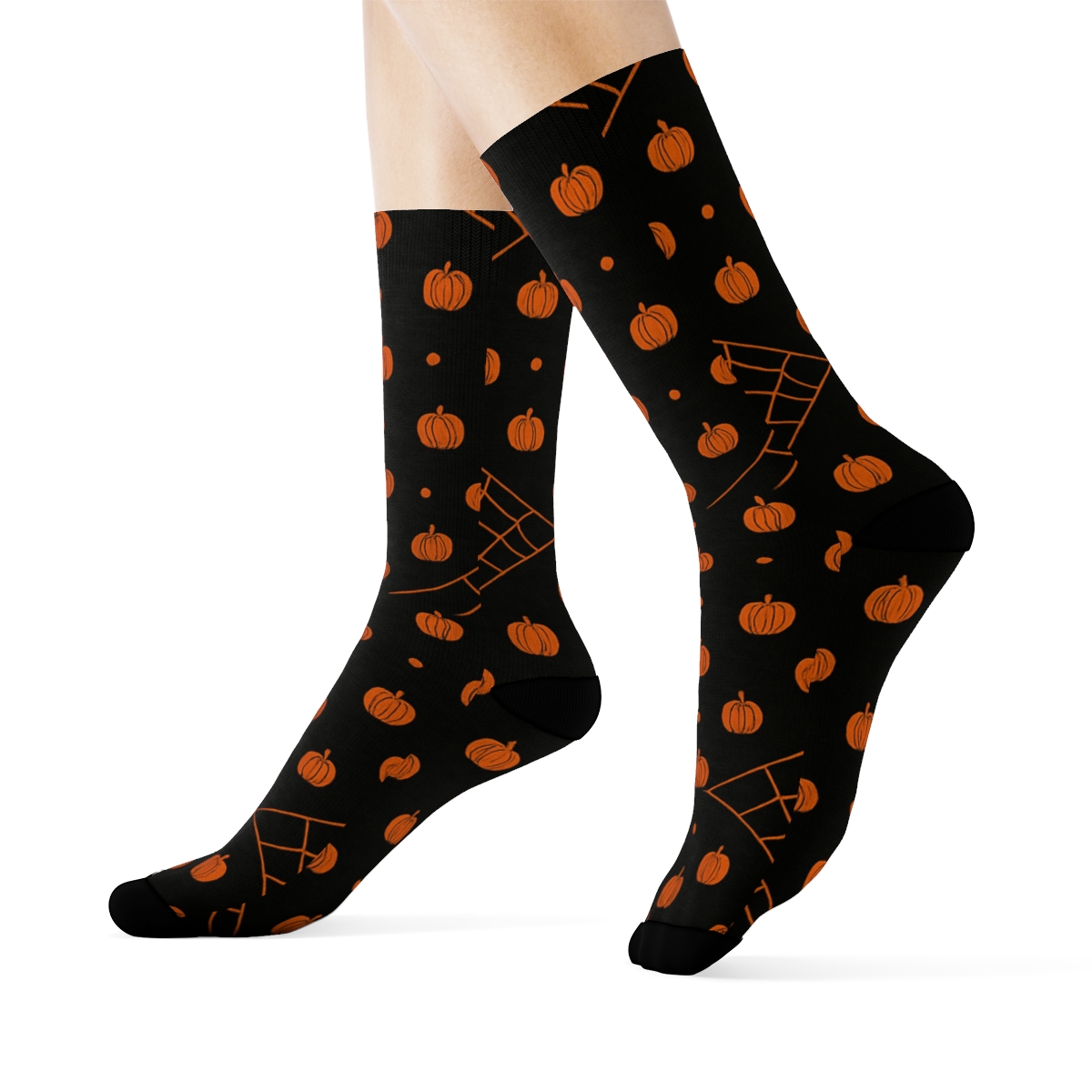 Orange Spider Web Overlay And Pumpkin Dots On Black Background stylish athletic crew socks