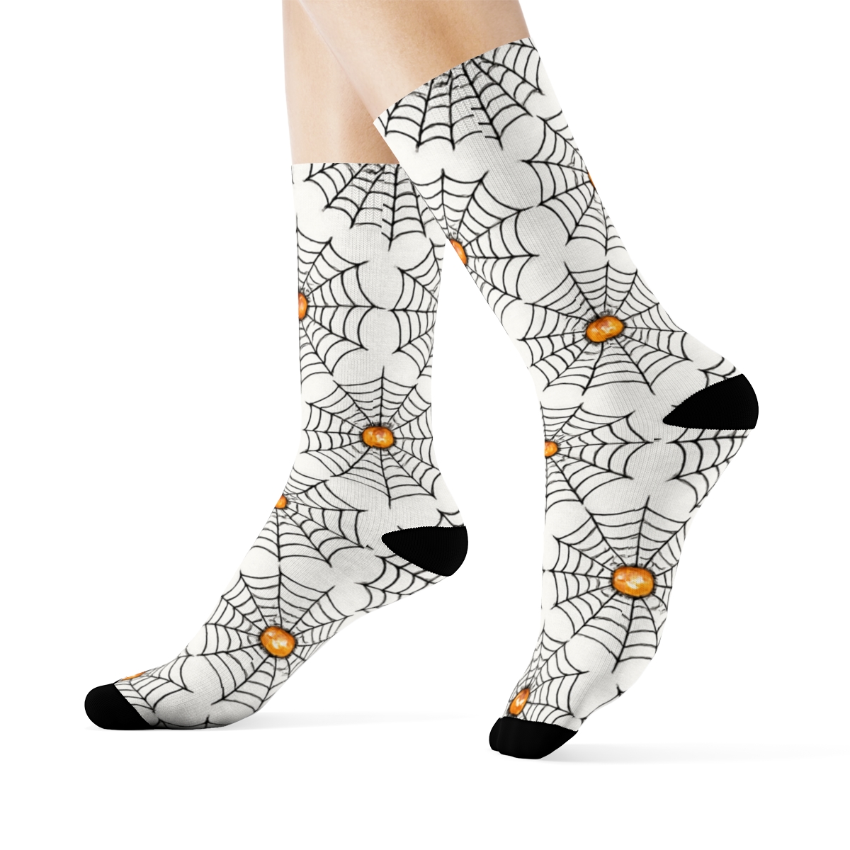 Spider Web Rings With Pumpkin Centers On White Background premium sports crew socks