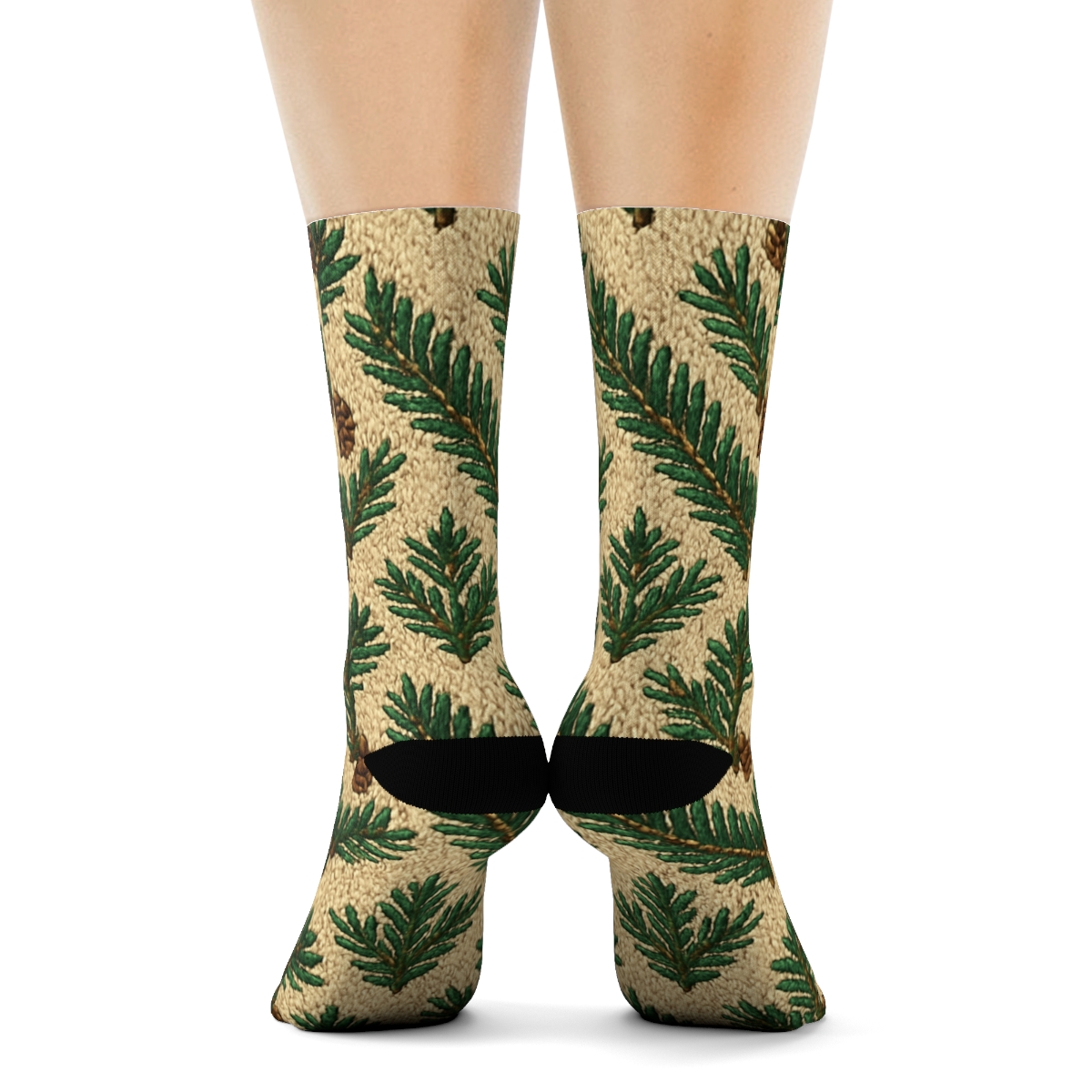Knitted Chevron Study Of Evergreen Branches designer printed crew socks