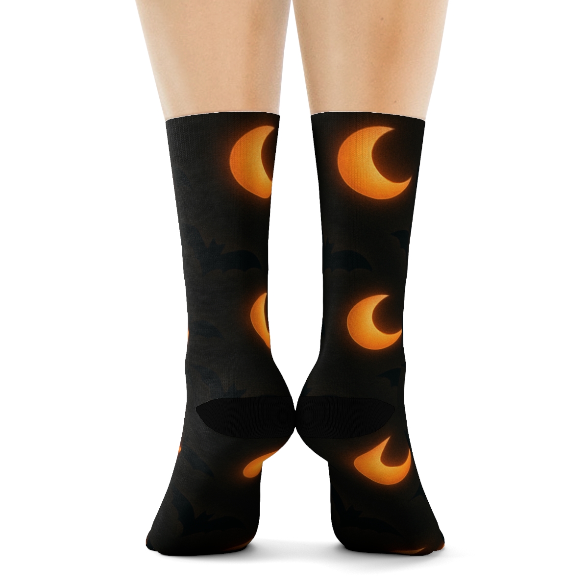 Flying Bat And Orange Moon Glow Repeat On Black Background soft everyday crew socks
