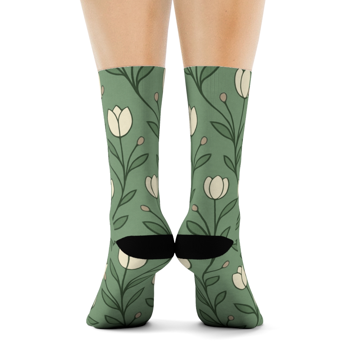 Minimal Tulip Stem Lattice On Soft Sage Background designer printed crew socks